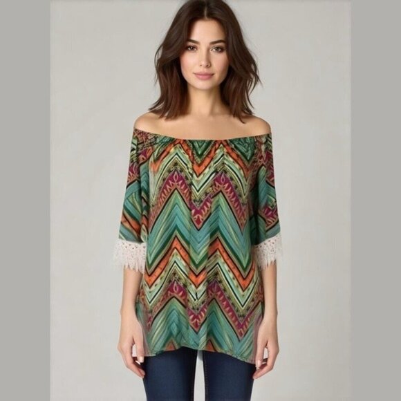 WINWIN Lace Trim Off Shoulder 1/2 Sleeve Top - Picture 1 of 9